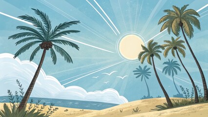 Bright Summer Scene with Palm Trees and Sunlight Over Ocean