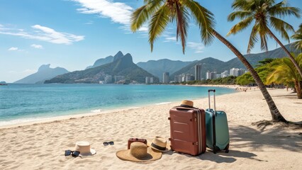 Tropical Beach Vacation Scene with Luggage and Palm Trees