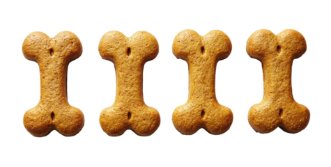 Row of four dog biscuits shaped like bones