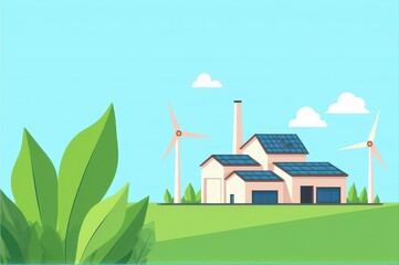 eco-friendly factory with solar panels and wind turbines set in green landscape, clear skies. renewable energy and sustainable development. environmental awareness, clean energy, green tech poster