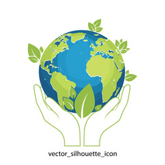 Earth Held in Caring Hands Symbolizing Environmental Protection and Sustainability with Green Leaves Accompanying the World