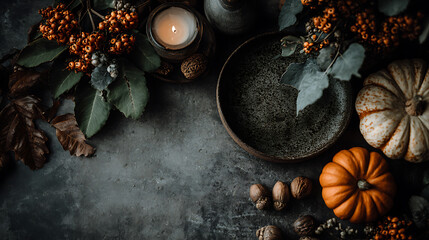 Halloween background moody autumn arrangement with pumpkin, candle, and berries on dark surface