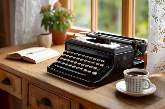 Vintage typewriter and coffee cup inspiring creative writing on wooden desk