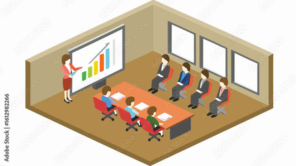 Aufkleber isometric view of a business presentation with a presenter and a group of attendees in a meeting roo