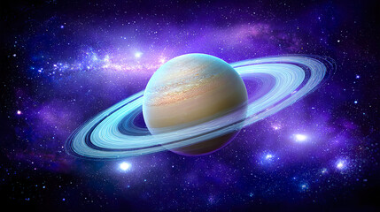 Naklejka premium A majestic planet with glowing rings floating in a star-filled cosmic landscape.