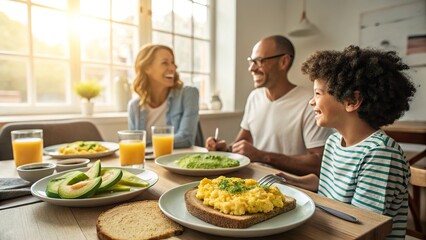 Family enjoys a healthy homemade breakfast together in a cozy kitchen on a sunny morning