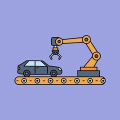 Car Manufacturing Process with Robotic Arm on Conveyor Belt Illustration