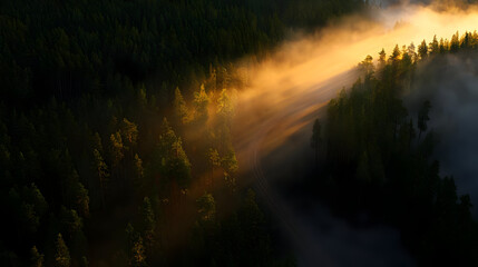 Sunrise Through Misty Forest Canopy