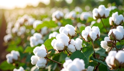 Obraz premium Fluffy Cotton Field at Sunrise Agriculture with Natures Beauty, and Textile Production.