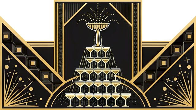 Glamorous art deco champagne tower centerpiece with elegant glassware for a sophisticated celebration