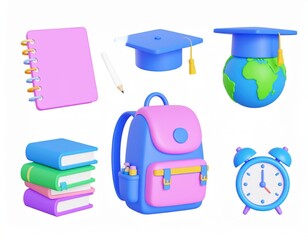Colorful 3D School Supplies Backpack Books Globe and Clock on White.