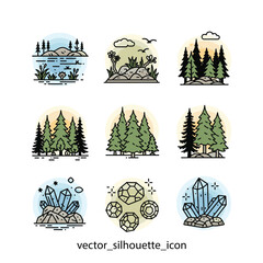 Nature Scene Icon Set with Landscapes, Forests, and Crystals in a Minimalist Style for Web and App Design