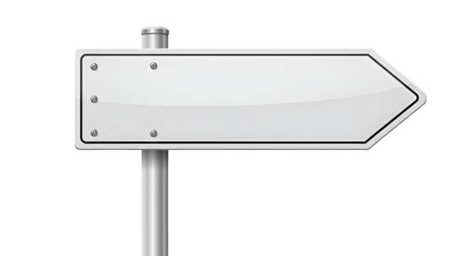 A blank, white, arrow-shaped signpost with a metal pole, facing right, isolated on a white background.