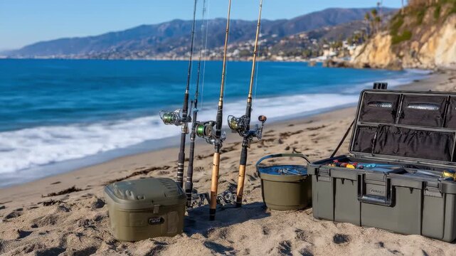 Beach fishing gear setup includes fishing rods, a tackle box, and a bait bucket, ideal for saltwater fishing on a sunny day with mountains in the background.