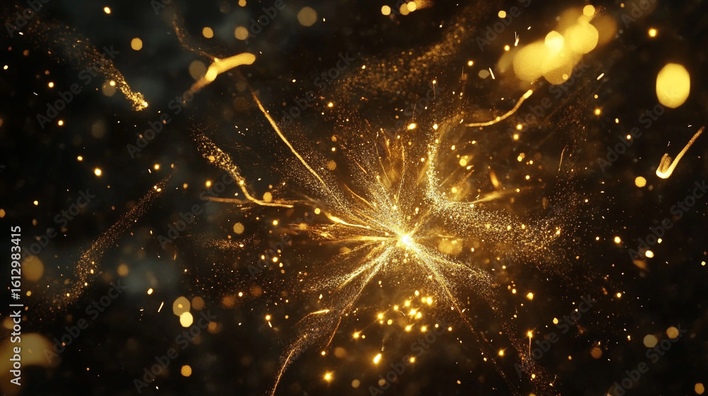 Poster golden sparks explode in dark background glittering light trails and dust particles