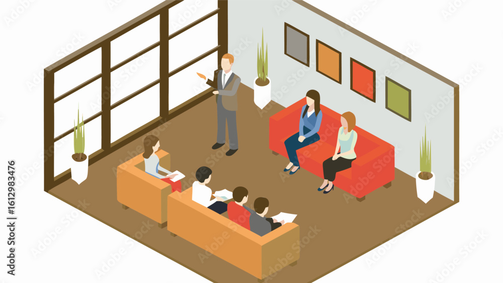 Poster isometric view of a business meeting with a presenter and audience in a modern office space setting