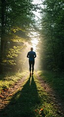Forest runner silhouetted by sunlight