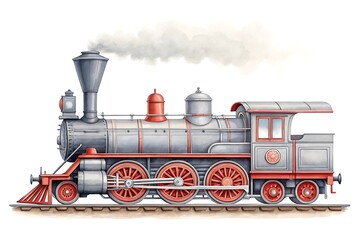 Vintage steam locomotive train emitting smoke on white background