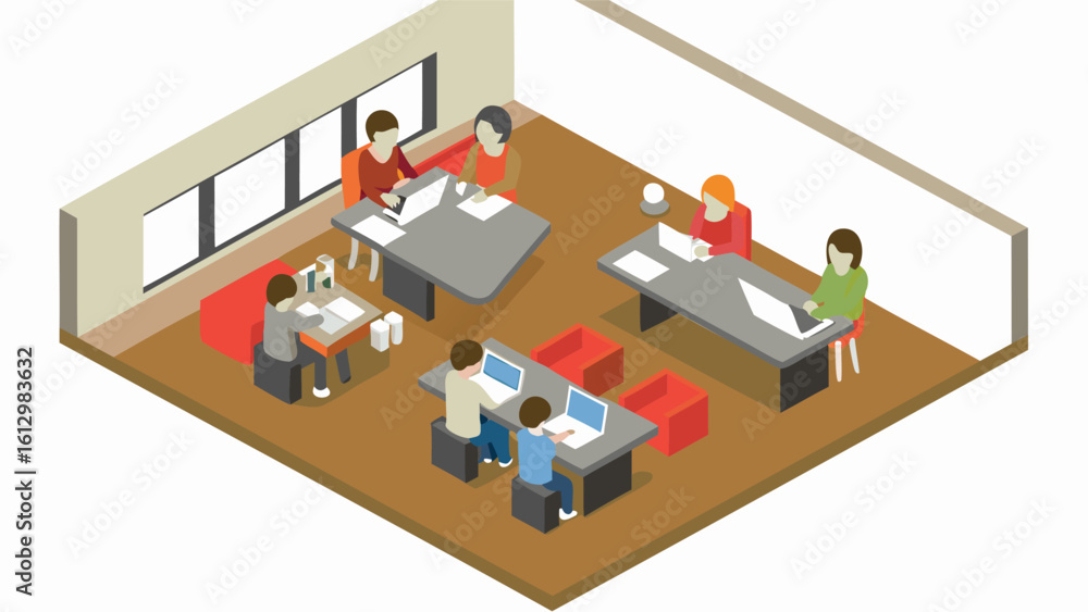 Poster isometric view of an office space with people working at desks with laptops and chairs around them