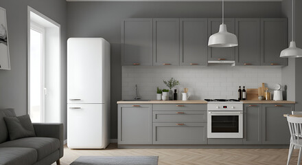 Modern gray kitchen with a minimalist aesthetic, featuring a white refrigerator and a gray sofa in the living space, showcasing a spacious design perfect for urban living.