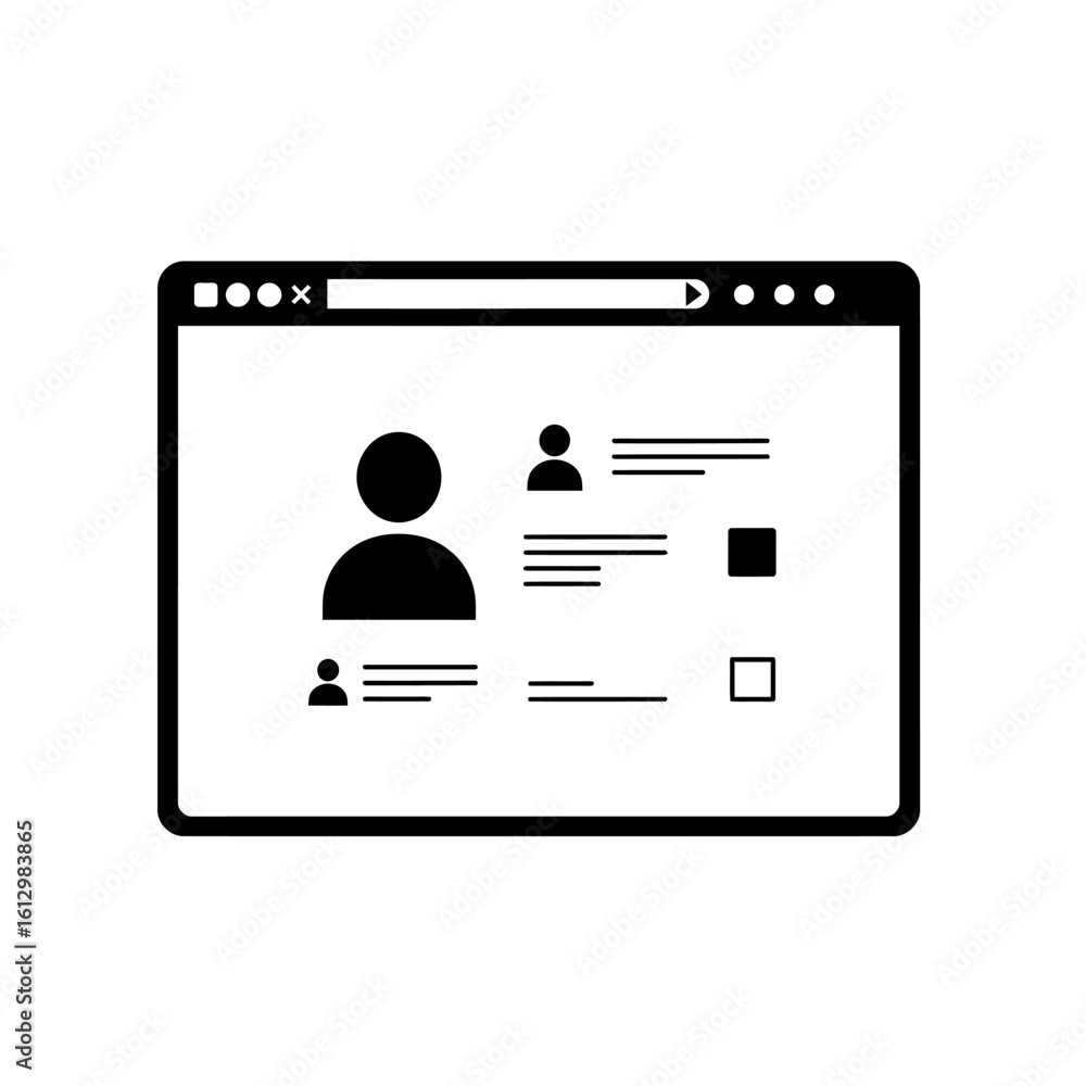 Poster user profile interface on a browser window in black and white
