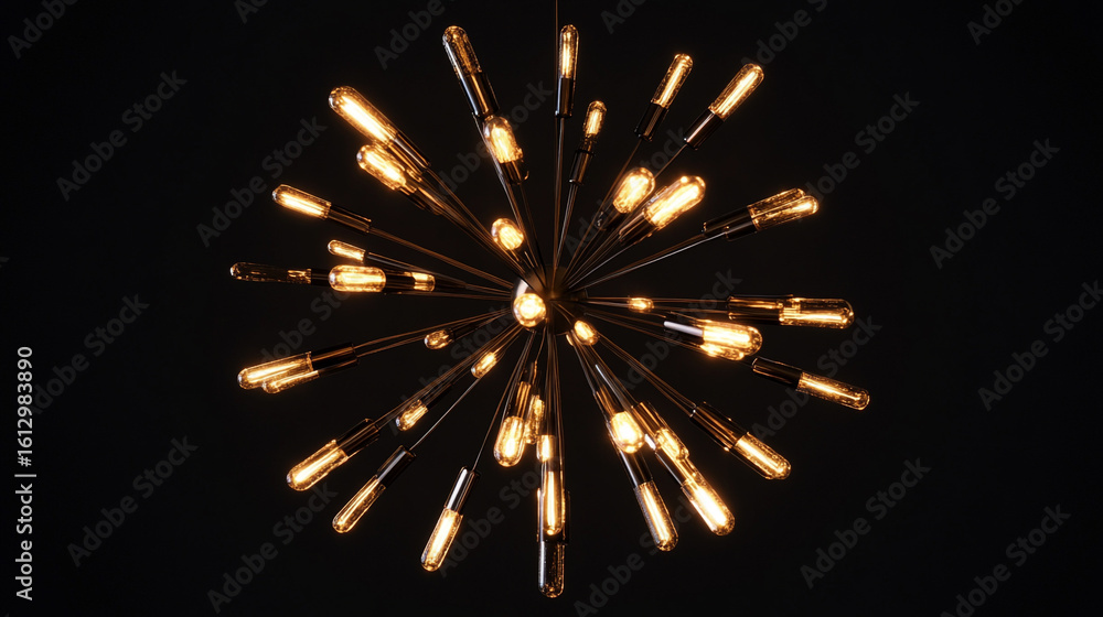 Poster modern illuminated ceiling fixture with many lights radiating outwards on a dark background