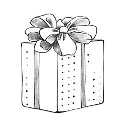 Handmade graphics of a black and white gift box with a voluminous bow. Vector illustration on a white background for packaging, greeting cards and winter holidays.