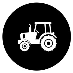 Tractor Silhouette in White on Black Circle Background Agriculture Concept