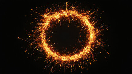 Bright fiery sparks forming a circle on black background