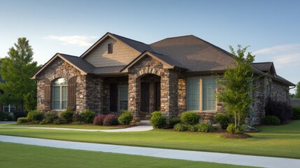 A two-story house with a stone facade and a green roof, surrounded by a well-maintained lawn and a small tree.