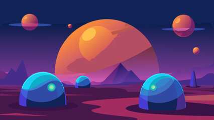 UFOs soaring over a serene ocean planet at sunset, bathed in the blue light of distant stars