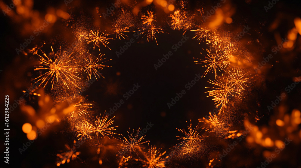 Aufkleber orange fireworks burst in a circular frame on a black background a festive display