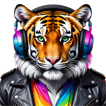 Tiger wearing headphones and a colorful, rainbow-hued leather jacket. clipart t-shirt design for dtf