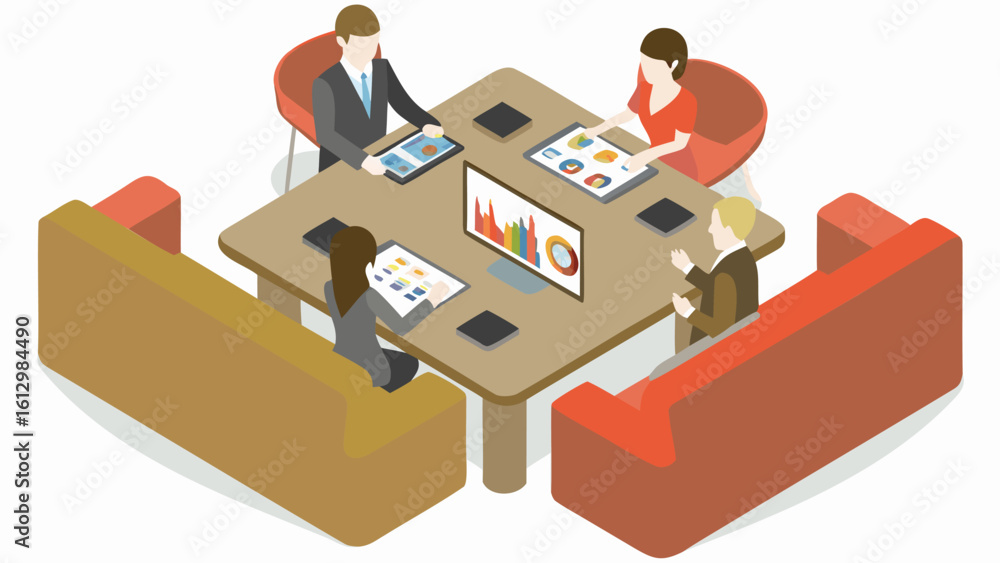 Poster isometric view of business meeting with four people and data on screens around a square table