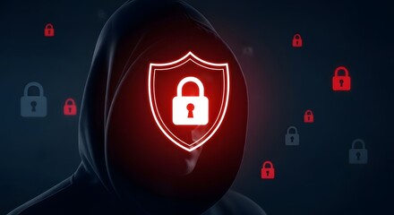 Glowing Red Shield with Lock Symbol – Cyber Attack Protection Warning
