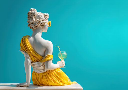 Classical marble statue lounging in a bright yellow dress, wearing matching sunglasses, and holding a cocktail with a straw, set against a vibrant turquoise background. Summertime, surreal copy space.