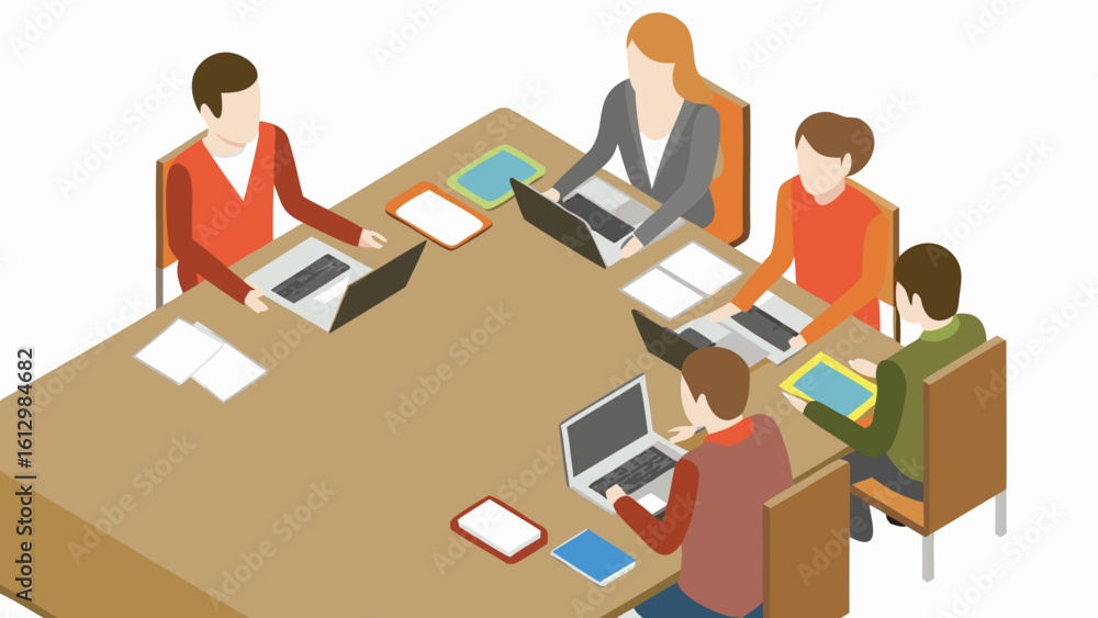 Poster isometric view of people at a conference table with laptops and tablets in a business meeting settin