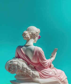 Classical marble statue wearing pink dress and sunglasses, holding a smartphone against a turquoise gradient background. Social media, digital wellbeing conceptual copy space.