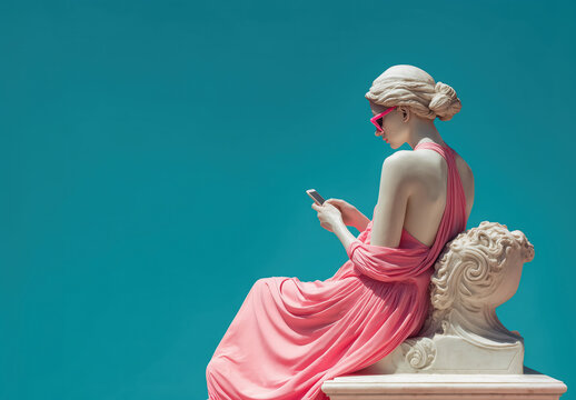 Fototapeta Classical marble statue sitting and stone sofa, wearing pink dress and sunglasses, holding a smartphone against a turquoise gradient background. Social media, digital wellbeing conceptual copy space.