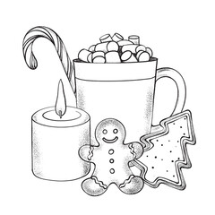 Black and white vector illustration of a festive mug with marshmallows, candle, candy cane and Christmas cookies. Perfect for cards, packaging, coloring books, winter decor, and holiday designs.