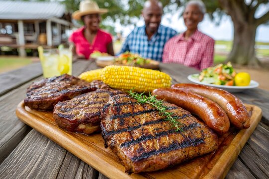 Grilled steaks and sausages with corn on the cob at family picnic