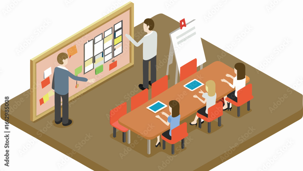 Poster isometric view of a presentation with people, board, flip chart and tablets on a table setting