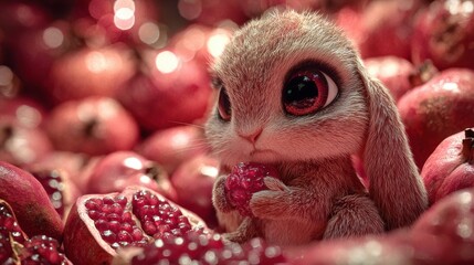 Adorable Rabbit Enjoying Juicy Red Pomegranate Seeds in a Garden