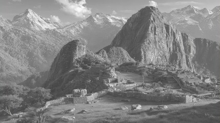 Obraz premium Ancient Inca Village Surrounded by Tall Mountain Peaks in Andean Landscape
