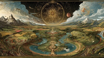 Fantasy landscape with mountains, rivers, celestial bodies and gardens