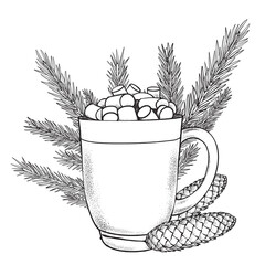 Black and white vector illustration of a festive mug with marshmallows and holly leaves isolated on white background. Perfect for cards, coloring books, packaging, and holiday decor.