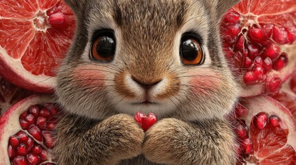 Cute Rabbit Holding Heart Surrounded by Juicy Grapefruit Slices