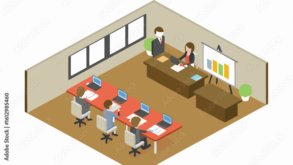 Poster isometric view of a meeting room with people laptops and a presentation board showing bar graphs