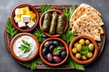 Greek meze platter featuring feta, dolmades, pita bread, tzatziki, and olives