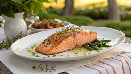 Deliciously cooked salmon served with fresh greens and a vibrant salad in a serene outdoor setting